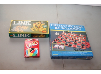 3 Board Game Cards Lot: Link, Uno, Chess Checkers