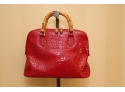 Red Printed Handbag With Bamboo Handles Cold Trim  NEW YORK PARIS TOKYO