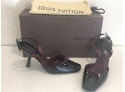 LOUIS VUITTON Black Patent Leather Velvet Bow Slingback Heel Pumps Sz. 37 W/ Box