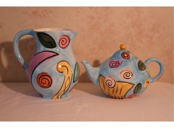 Matching Hand Painted Ceramic Water Pitcher And Tea Pot