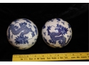 Set Of 3 Porcelain Blue And White Chinese Dragon Balls
