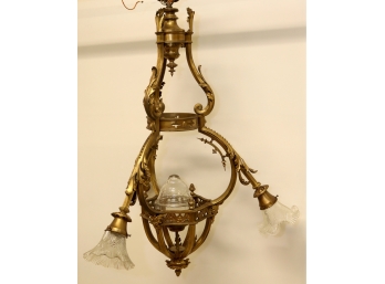 Vintage/ Antique Gilt Bronze Chandelier 3 Light Glass Shades  Extras