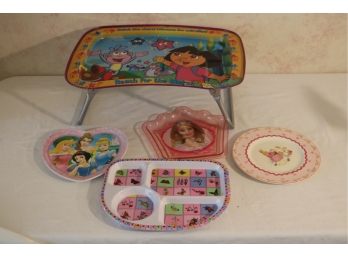 Children Plastic Plate Lot And Metal TV Bed Tray