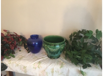 Vintage Green Vase, 2 Blue Glass Vases And Greenery