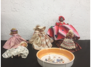 Antique Baby Bowl And Dolls