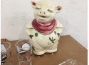 VINTAGE SHAWNEE POTTERY  'SMILEY' THE PIG COOKIE JAR, BANANNA SPLIT PLATES FROM HENRY PRICE ICE CREAM IN SUNM