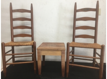 2 Antique Shaker Ladderback Chairs, With Rush Seats And Small Table