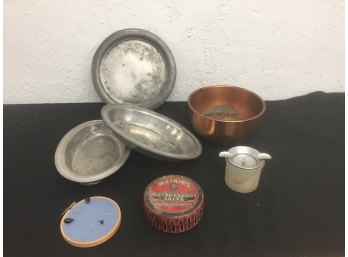 Copper Bowl, Pewter Plates, Watkins Salve