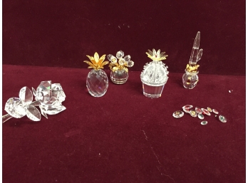 Swarovski Crystal 2 Cactus, Rose, Pineapple, Flowers W/ Vase - W Loose Colored Cystals