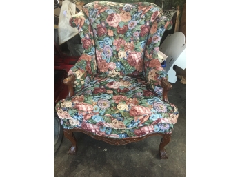 Vintage Wing Back Chair, Upholstery Is In Excellent Condition, Beautiful Wood Detail