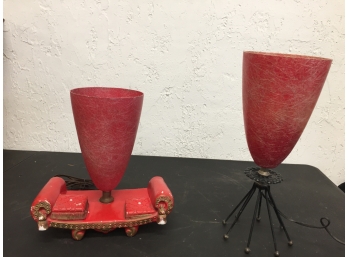 RED TABLE LAMP RETRO SHADE WIRE BASE,  RED TABLE LAMP RETRO SHADE COUCH BASE