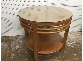 Vintage Round Wooden Side Table With Glass Top