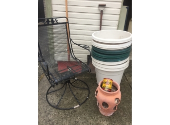 Outdoor Items- Large Plastic Flower Pots, Tera Cota Hens/chicken Planter, Chair 2 Metal Snow Shovels
