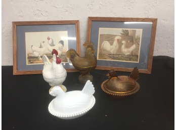 Vintage Glass Rooster And Hen Candy Dishes, Poultry World Prints