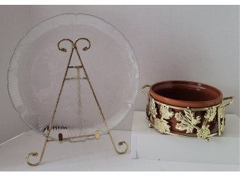 Vintage 90s Arcoroc Canterbury Glass Dinner Plate And Vtg Teleflora Brass And Stoneware Casserole Server