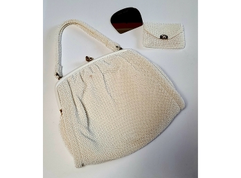 1950s White Beaded Purse With Accessories