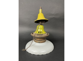 Rare Early 20th Century Gas Light With Vibrant Green Porcelain And Milk Glass Shade !!!