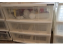 2 Three Drawer Plastic Storage With Top Drawer Full Of Lightbulbs & Misc Tools & Extensions Cords