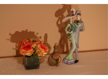 3 Decorative Items Including Couple - 13' 'Lenox-World's Fair Cutting' Faux Flower Arrangement