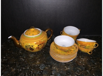 Mustard Yellow Tea Set  Decorated With Figural Scenes - Blue Stamp - Measurements In Photos