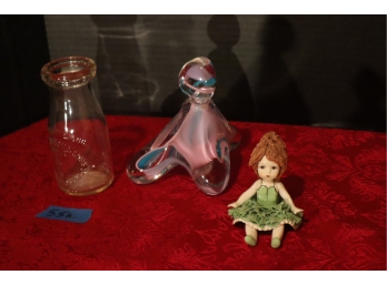 Three Decorative Pieces - Milk Jug, Girl, Art Glass