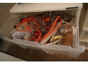 2 Three Drawer Plastic Storage With Top Drawer Full Of Lightbulbs & Misc Tools & Extensions Cords