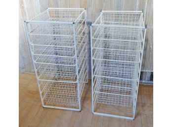 Pair Of Elfa White Storage Frames & Wire Baskets