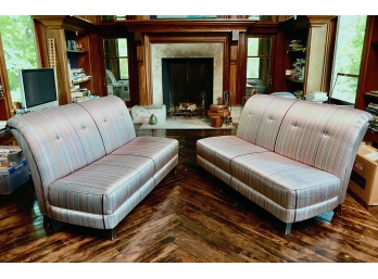 Pair Of Custom Sofas With Down/Feather Pillows & Alexander Julian Silk Fabric - Read Condition