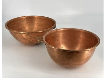 Set Of 2 Vintage Copper Beating Bowls With Loop Handles