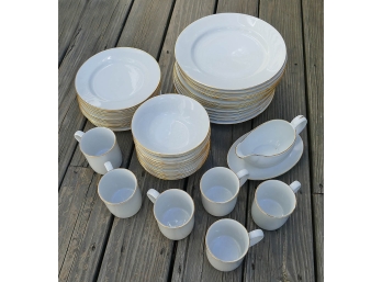 Royal Worcester Royal Gold Porcelain Plates, Bowls, Cups, And Gravy Boat