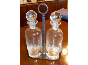 2 Bottle Decanter Set - Silver Plate Stand/Holder