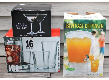 Beverage Dispenser, 16pc Glasses Set, 4pc Martini Glass Set