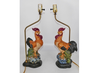 Pair Of Ceramic Rooster Table Lamps