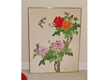 Large Chinese Silk Painting - Birds & Flowers - Signed Ng