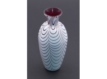 Nailsea Hand Blown Venetian Thread Vase - White/Cranberry