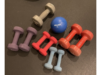 Lot Of 4 Pairs Of Coated Dumbbells, Single Dumbbell, And 6Lb Fitness Ball