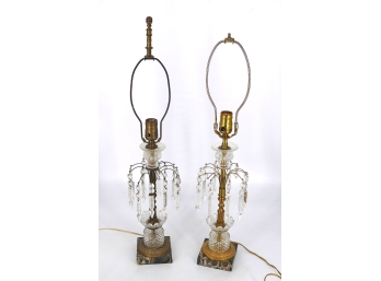 Pair Of Vintage French Crystal And Brass Table Lamps