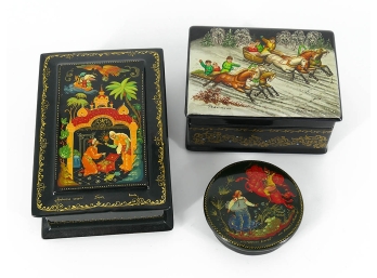 3 Vintage Russian Handpainted Lacquered Trinket Boxes