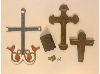 Antique Metal Sacred Heart Of Jesus Trinket Box & Other Vintage Catholic Items Including Mid Century Crucifix