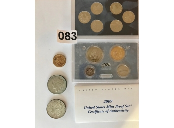 US Coins Including 1926 Peace Silver Dollard, 1021 Silver Dollar, James Madison Presidential Coin, And 2009 US