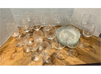 Lot Of Stemware Glasses And Six Glass Salad Serving Plates