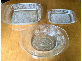 3 Pc Etched Glass Casserole Serving Pieces Dishes