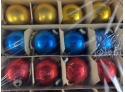12 Vintage Shiny Brite Christmas Balls In Red, Blue And Yellow