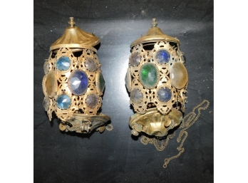 Lovely Antique Pair Of Brass Jeweled Hanging Candle Holders