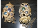 Lovely Antique Pair Of Brass Jeweled Hanging Candle Holders