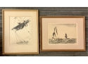 2- Y.E. Soderberg Etchings, Sailors In The Rigging & Sailboat And A Lighthouse (CTF10)