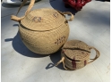 Country Decorative Lot: Ceramic Pig Footed Serving Dish, Treenware, And Woven Baskets (CTF10)