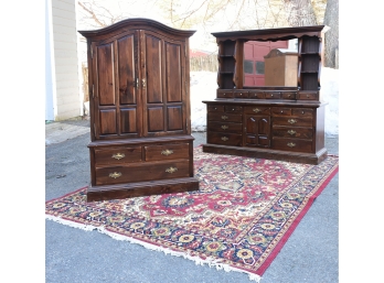 Ethan Allen Pine Mirrored-back Dressing Cabinet Along With Two-piece Armoire And Oriental Rug (CTF50)