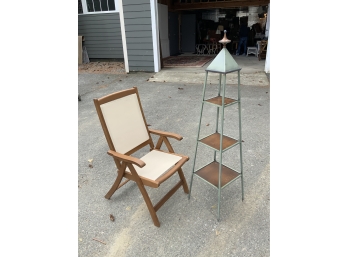 Folding Teak Lounge Chair And Three Tiered Metal/wood Plant Stand (CTF 20)