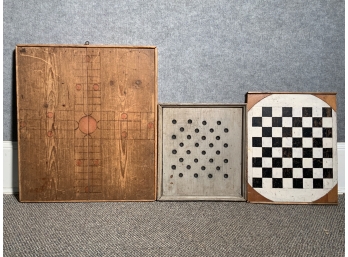 Three Early Painted Game Boards On Wood